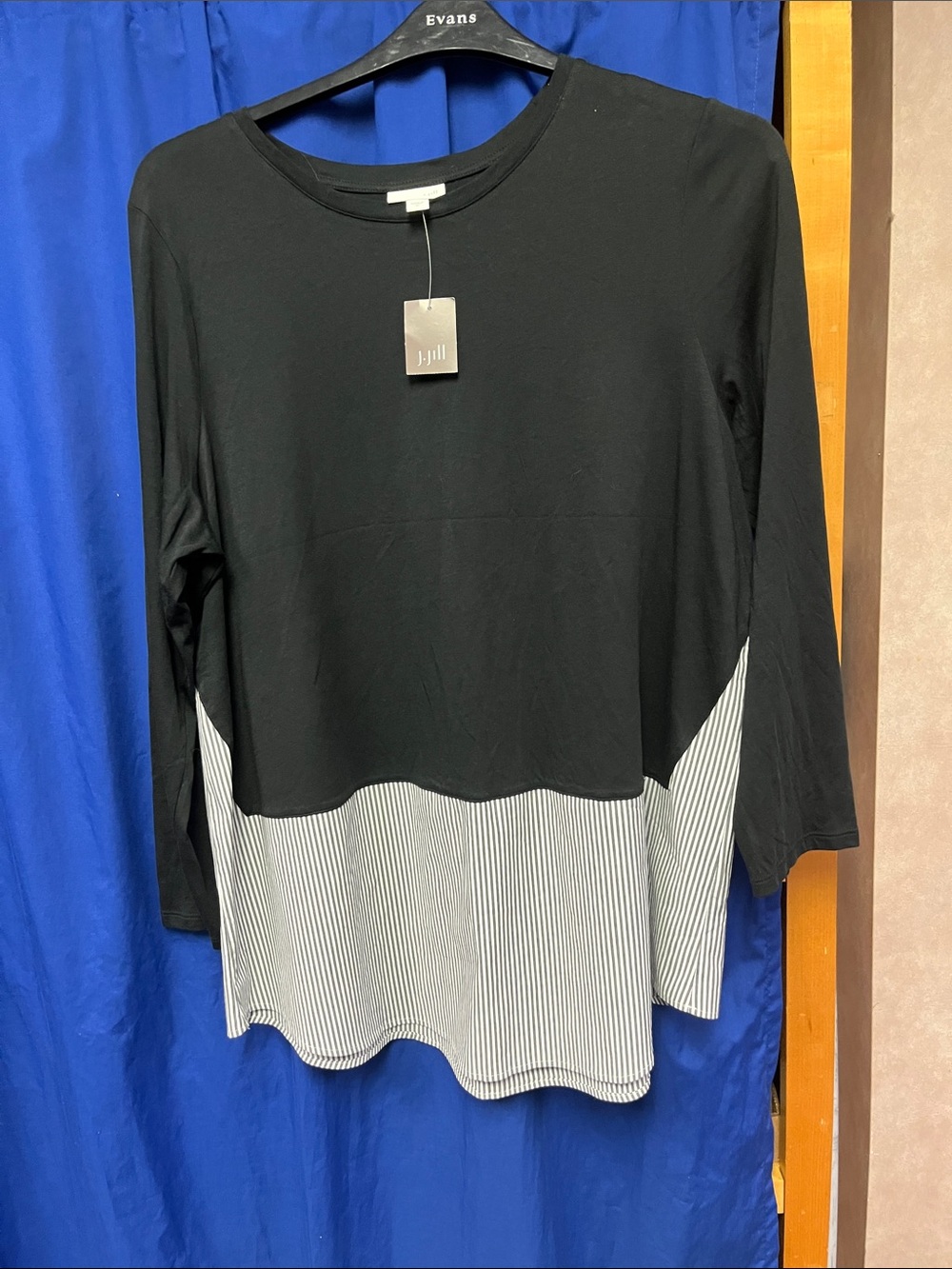 J. Jill Black Long-Sleeve Layered-Look Top with White Pinstripe Panel